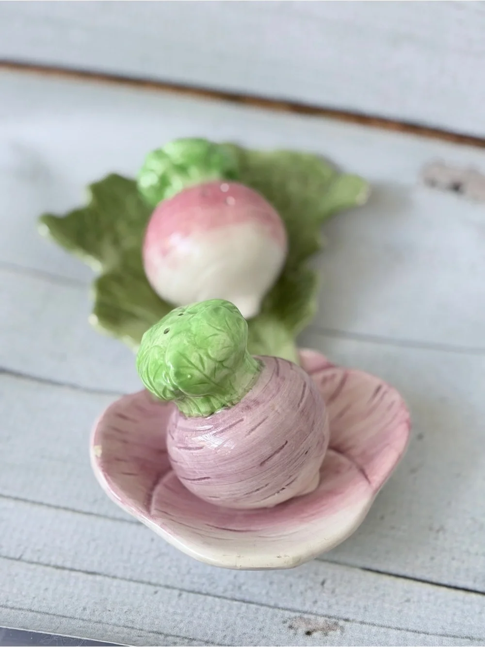 Ceramic Radish Salt and Pepper Shaker Set with Leaf Tray - Pink Green